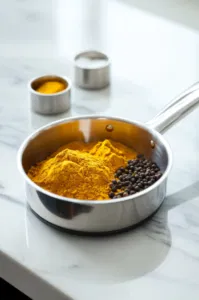 A small saucepan on the white marble cooktop as milk, turmeric, cinnamon, black pepper, and sweetener (maple syrup or honey) are added. Optional ingredients like coconut oil or extra spices create a vibrant golden mixture.