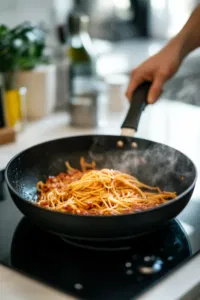 The drained pasta is being added to the pan with guanciale on the white marble cooktop. The spaghetti is tossed in the flavorful guanciale fat, coating each strand evenly.