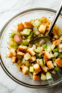 The sautéed onion and celery mixture is poured into the bowl of bread and broth on the white marble cooktop. A large spoon mixes everything together until well combined.