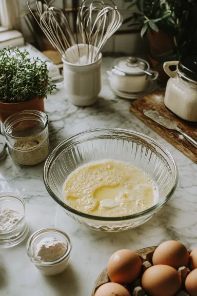 A medium bowl on the white marble cooktop contains milk, melted butter, eggs, and vanilla extract being whisked together, creating a smooth mixture ready to pour into the dry ingredients