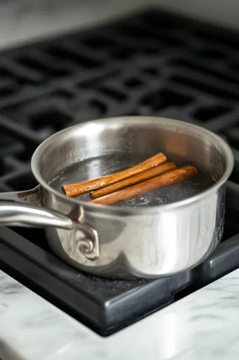 A medium saucepan on the white marble cooktop contains 2 cups of water and two cinnamon sticks inside. The saucepan is heating over high heat, preparing to bring the water to a boil to infuse it with cinnamon flavor.