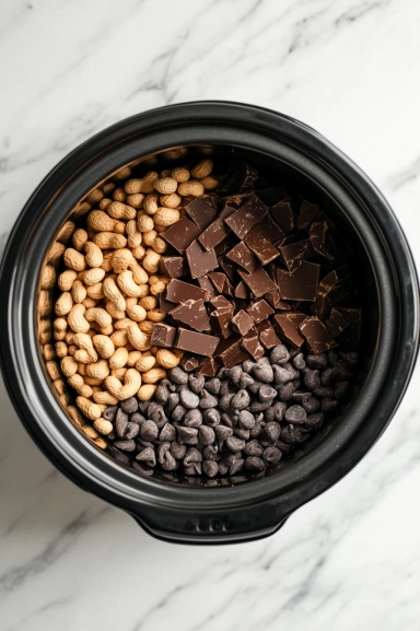 The black slow cooker on the white marble cooktop with the lid securely in place. Inside, the chocolate and peanut layers are melting slowly, filling the air with a rich chocolate aroma.