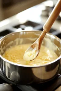 The saucepan on medium heat on the white marble cooktop as the custard mixture thickens and begins to boil. It continues to cook for an additional 2 minutes, achieving a creamy texture.