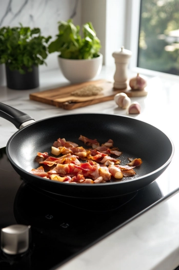 A non-stick pan on the white marble cooktop cooks guanciale over medium-high heat, turning golden and crispy. Finely minced garlic is added in the last minute of cooking for extra flavor.