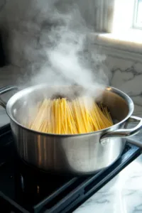 A large pot of boiling water sits on the white marble cooktop, with 1 tablespoon of salt added. Spaghetti is being placed into the pot, cooking per package directions, with a cup of pasta water reserved for later before draining.