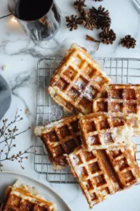 The waffle iron on the white marble cooktop cooks the batter to a golden brown. The waffles are removed and placed on a wire rack nearby to maintain crispness.