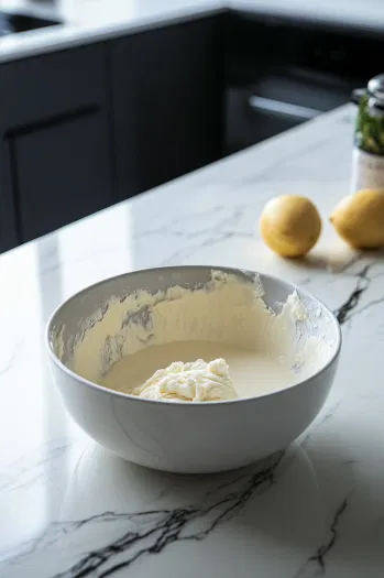 A large mixing bowl on the white marble cooktop with softened butter and packed brown sugar being beaten together until light and creamy. Vanilla extract and salt are added, blending into a smooth mixture.