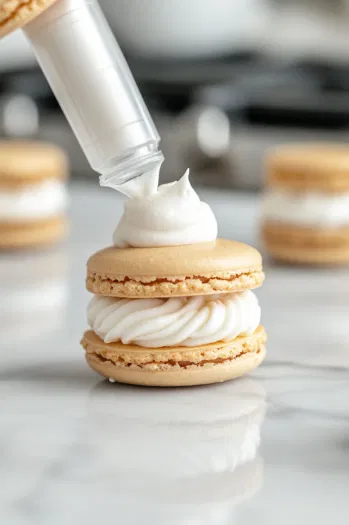 Dipping the top of each macaron into melted chocolate and decorating with Christmas sprinkles and mini marshmallows, creating a festive topping