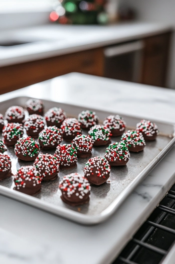 Baking sheets on the white marble cooktop as each cluster is topped with festive holiday sprinkles. The colorful sprinkles beautifully contrast with the glossy chocolate candy