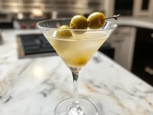 The completed Dirty Martini on the white marble cooktop, garnished with green olives, ready to be enjoyed for its salty, smooth flavor.