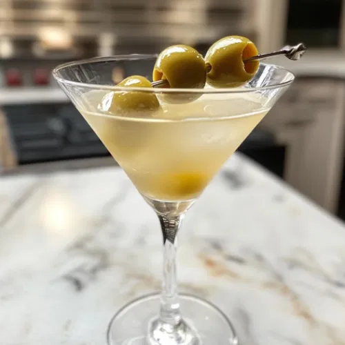 The completed Dirty Martini on the white marble cooktop, garnished with green olives, ready to be enjoyed for its salty, smooth flavor.