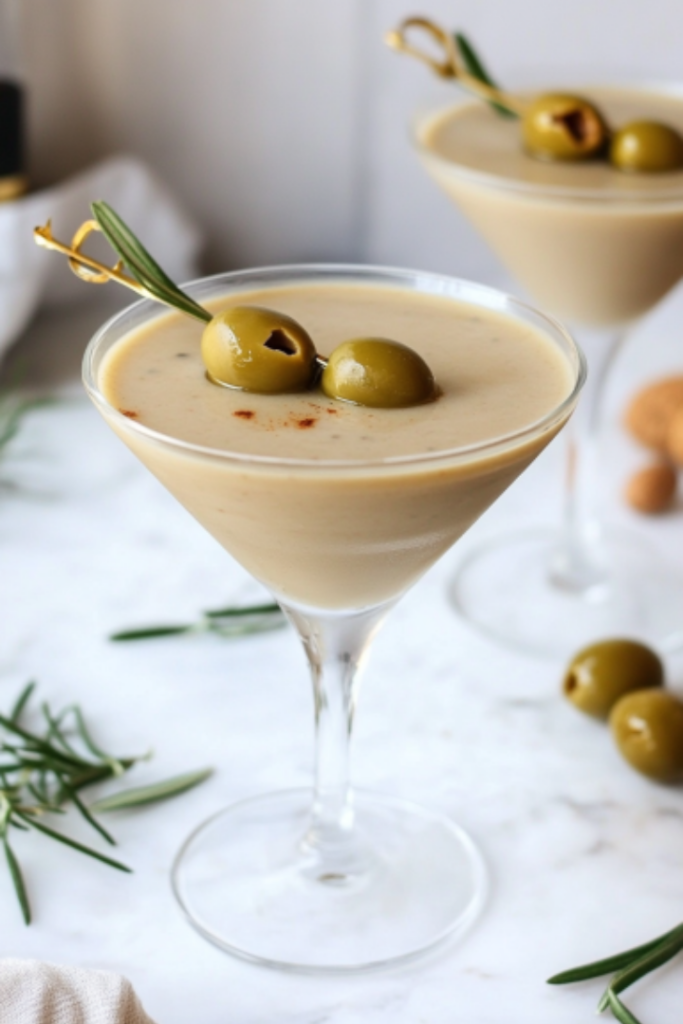 The completed Dirty Martini on the white marble cooktop, garnished with green olives, ready to be enjoyed for its salty, smooth flavor.