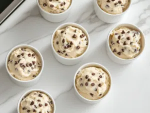 Spoonfuls of edible cookie dough served in small bowls on the white marble cooktop, with chocolate chips visible throughout the dough, ready to be enjoyed directly from the bowl.