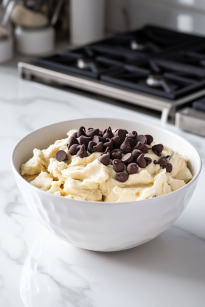 Spoonfuls of edible cookie dough served in small bowls on the white marble cooktop, with chocolate chips visible throughout the dough, ready to be enjoyed directly from the bowl.