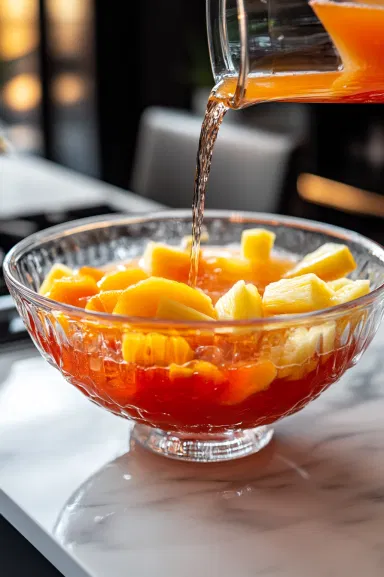 The orange juice, pineapple juice, lemon juice, and grenadine being poured into the punch bowl, mixing together to create a vibrant, flavorful base.