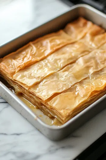 The final 10 layers of buttered phyllo sheets on top of the baklava in the baking pan on the white marble cooktop. The baklava is cut into strips, ready for baking