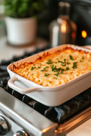 The casserole dish on the white marble cooktop as it’s placed in the oven, baking for 25 minutes until bubbly and heated through.