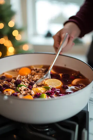 Slices of lemon, lime, orange, and seasonal fruits floating on top of the punch, adding a colorful and festive garnish