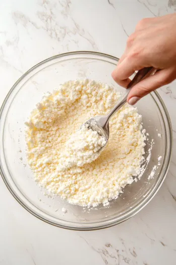 The fluffy meringue being gently folded into the sifted dry ingredients, forming a smooth batter that flows in a figure-8 pattern on the white marble cooktop