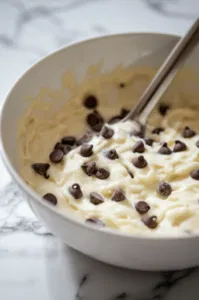 Milk chocolate chips and mini chocolate chips are gently folded into the dough in a bowl on the white marble cooktop, distributing them evenly throughout the mixture.