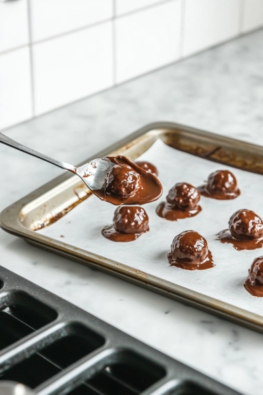 Baking sheets lined with parchment paper placed on the white marble cooktop. A spoon is dropping dollops of the smooth chocolate-peanut mixture onto the sheets, forming evenly spaced clusters.