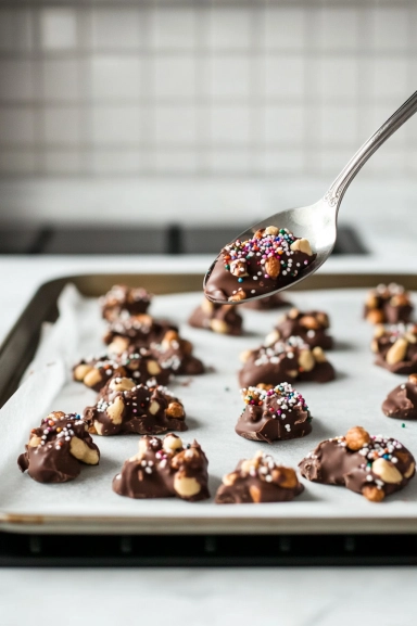 A spoon dropping mounds of the rich chocolate and peanut mixture onto parchment paper-lined baking sheets placed on the white marble cooktop. Some clusters are topped with sprinkles or flaked salt for a festive touch.