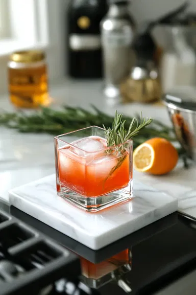 The square glass on the white marble cooktop with the completed mocktail, garnished with a fresh celery stalk or pickle spear, adding a classic finishing touch