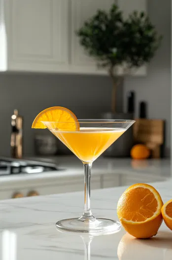 The finished mocktail in the martini glass on the white marble cooktop, garnished with a fresh orange slice for a vibrant, elegant touch, ready to enjoy.