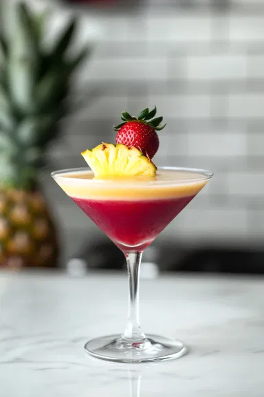 The finished mocktail in the martini glass on the white marble cooktop, garnished with a fresh strawberry on the rim, ready to serve as a refreshing tropical fusion drink.