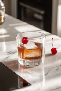 The well-chilled Manhattan being strained from the mixing glass into a chilled cocktail glass on the white marble cooktop, capturing the rich amber hue of the drink.