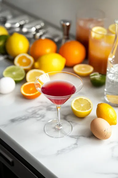 A martini glass on the white marble cooktop, surrounded by orange juice, lemon juice, lime juice, grenadine, and an egg, with sparkling water nearby, ready to make a refreshing mocktail.