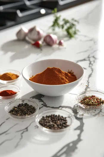 A small bowl on the white marble cooktop surrounded by neatly measured-out spices including chili powder, cumin, sea salt, black pepper, paprika, garlic powder, onion powder, red pepper flakes, and oregano, all ready to be combined.