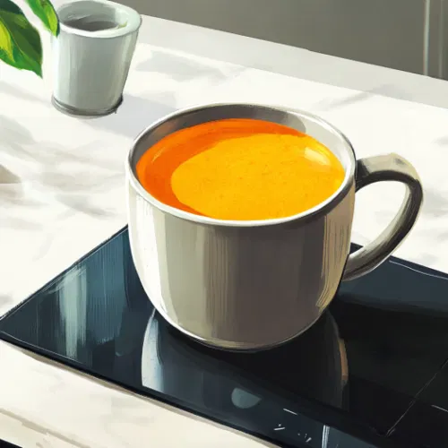 A warm mug of golden milk on the white marble cooktop, with a smooth, creamy texture and a vibrant golden color. The drink is ready to be sipped and enjoyed for its warming, nourishing flavor.