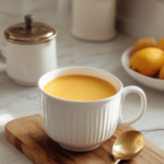 A warm mug of golden milk on the white marble cooktop, with a smooth, creamy texture and a vibrant golden color. The drink is ready to be sipped and enjoyed for its warming, nourishing flavor.