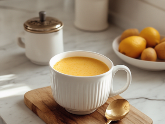 A warm mug of golden milk on the white marble cooktop, with a smooth, creamy texture and a vibrant golden color. The drink is ready to be sipped and enjoyed for its warming, nourishing flavor.