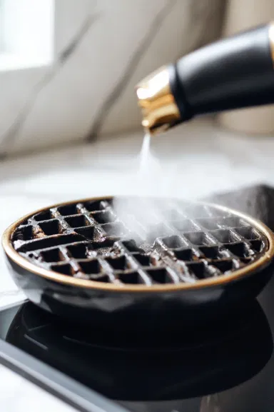 The preheated waffle iron is being sprayed with cooking spray or brushed with butter on the white marble cooktop, ensuring a non-stick surface for the waffles.