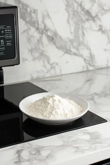 A microwave-safe dish on the white marble cooktop with all-purpose flour spread evenly inside. The flour has been microwaved for 1 minute and 15 seconds, stirred every 15 seconds, and is set aside to cool.