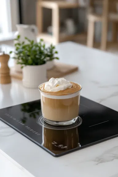 The completed Dalgona Coffee on the white marble cooktop, with its velvety whipped coffee topping sitting over the milk and ice. Ready to stir and enjoy!