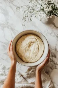 The stand mixer on the white marble cooktop kneads the dough with a dough hook, mixing until the dough leaves the sides of the bowl after about 5 minutes.