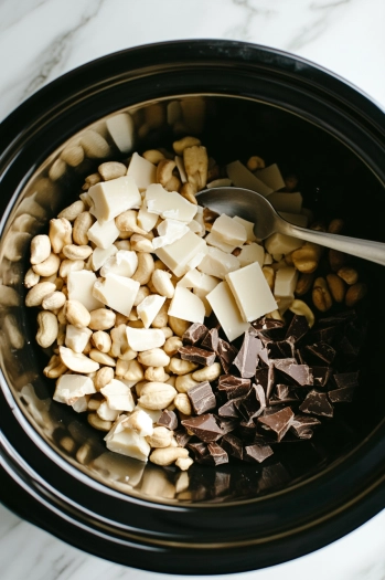 ck crockpot on the white marble cooktop with pieces of white and chocolate almond bark placed at the bottom. Salted peanuts are being poured evenly on top, with a spoon ready to stir the ingredients together.