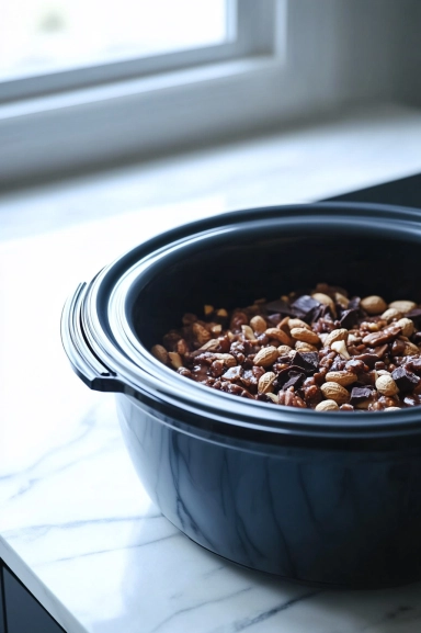 A black slow cooker on a white marble cooktop filled with an even layer of salted and unsalted peanuts at the bottom. Semisweet chocolate chips, chopped German sweet chocolate, and almond bark pieces are neatly layered on top, ready to melt.