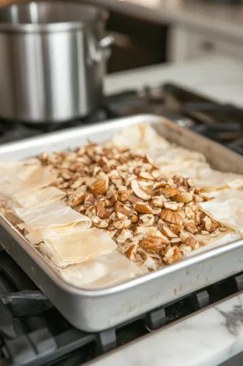 A baking pan on the white marble cooktop with the first layer of phyllo dough, brushed with melted butter, placed at the bottom. After 10 layers of buttered phyllo, a portion of the walnut mixture is added. The process is repeated, layering phyllo and nuts