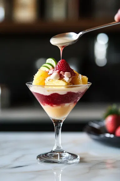 The martini glass on the white marble cooktop as the strawberry-lime mixture is slowly poured over the back of a bar spoon, layering it gently on top of the pineapple-coconut mixture for a visually striking, two-tone effect.