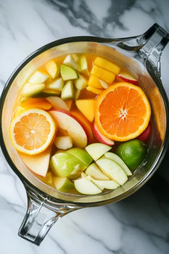 A 4-quart glass pitcher on the white marble cooktop with layers of orange, lemon, lime slices, and chopped apples arranged at the bottom.