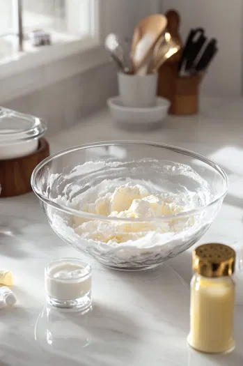 Whipping marshmallow cream, butter, vanilla, and powdered sugar in a mixing bowl, adding heavy cream to adjust the frosting consistency for the macaron filling