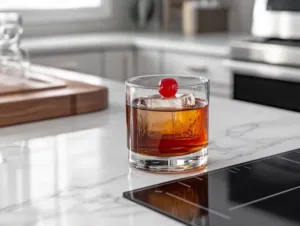 The finished Manhattan garnished with a maraschino cherry on the white marble cooktop, ready to be enjoyed for its smooth, balanced taste