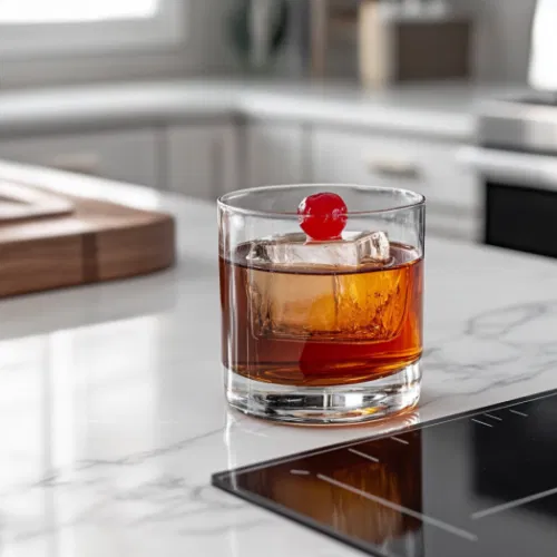 The finished Manhattan garnished with a maraschino cherry on the white marble cooktop, ready to be enjoyed for its smooth, balanced taste