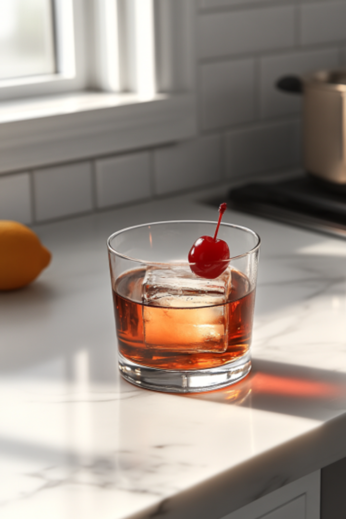 The finished Manhattan garnished with a maraschino cherry on the white marble cooktop, ready to be enjoyed for its smooth, balanced taste