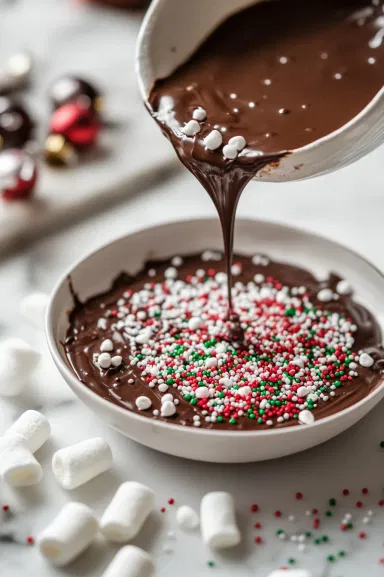 A bowl of semi-sweet chocolate chips melting in the microwave, ready to dip the tops of the macaron cookies.