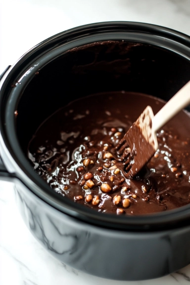 A spatula stirring the melted chocolate and peanuts together in the black slow cooker on the white marble cooktop. The mixture appears smooth, glossy, and fully combined.